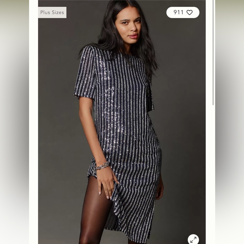 ANTHROPOLOGIE Flat White Short Sleeve Sequin Stripe Midi Dress